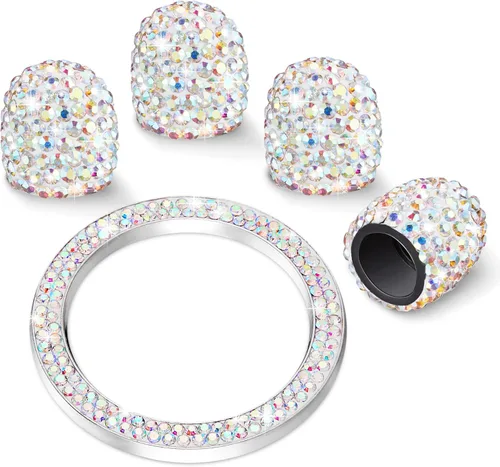 Vista 15 de WINKA 4 tapones para válvula de neumático de automóvil con diamantes de imitación, 1 cubierta de botón de motor de automóvil, anillo de encendido