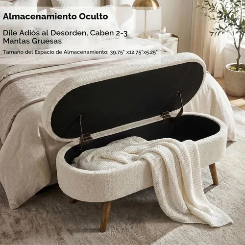 Vista 3 de 43.5” Storage Ottoman Bench，Upholstered Oval End of Bed Bench for Bedroom Beige