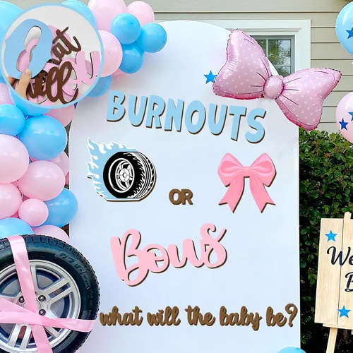 Vista 17 de Adhesivos de madera para señalización de revelación de género, arco de globos "¿Qué será el bebé?", botas o lazos, suministros de decoración