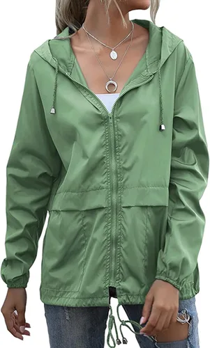 Vista 10 de Chaqueta impermeable ligera para mujer, rompevientos con capucha y bolsillos para exteriores Impermeable verde militar