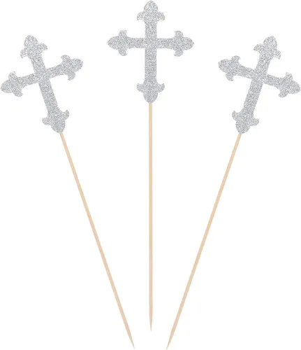 Vista 4 de Palillos de centro de mesa de cruz con purpurina azul para bautizo, decoración de fiesta - Juego de 10