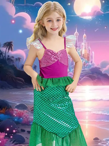 Vista 2 de Eledobby Ariel Costume for Girls Little Mermaid Dress Halloween Outfit Princess Mermaids Dress Up Birthday Party Clothes