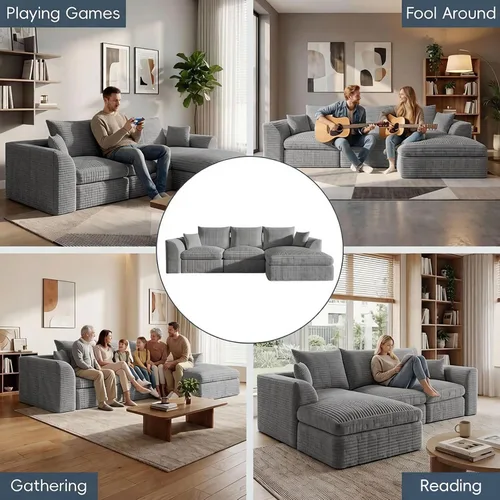Vista 3 de Sofá modular modular de 106 pulgadas con asiento profundo, sofá de pana en forma de L con diván reversible, juego de 3 piezas para sala de estar Gris
