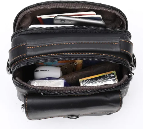 Vista 5 de Monederos y bolsos para hombre, pequeño, mini bolso de hombro de cuero genuino para hombres con muchos bolsillos con cremallera