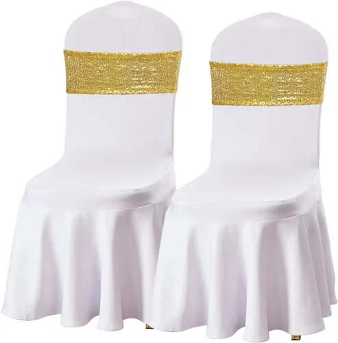 Vista 2 de SquarePie Paquete de 20 bandas de lentejuelas para silla, lazos dorados con purpurina para decoración de banquetes de boda, fiesta