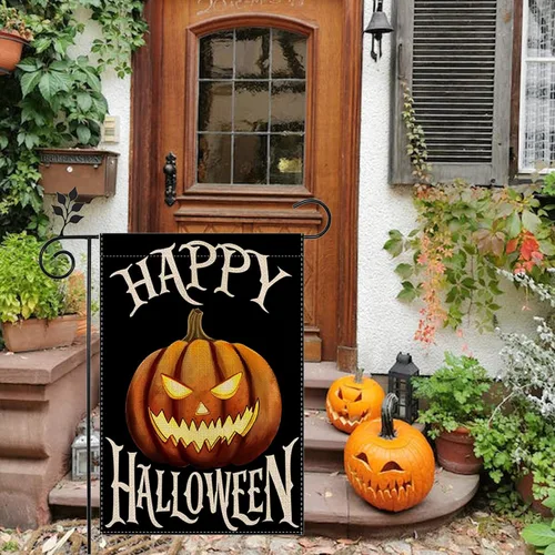 Vista 5 de Bandera de jardín de Halloween con fantasma, gato Boo, 12 x 18 pulgadas, vertical de doble cara con calabaza feliz Halloween, decoración exterior