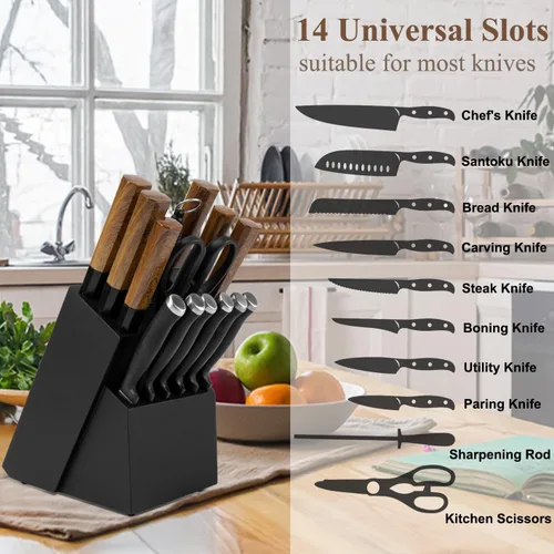 Vista 2 de RedCall Soporte Universal para Cuchillos, Bloque de Cuchillos de Madera Bambú Grande sin Cuchillos, Soporte Universal para Cuchillos de 14 Ranuras