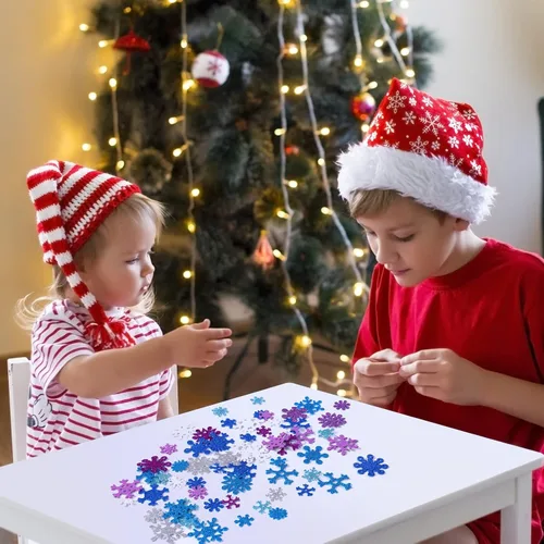 Vista 6 de Aneco 500 calcomanías de espuma con purpurina para copos de nieve autoadhesivos, calcomanías de nieve para decoración de Navidad e invierno