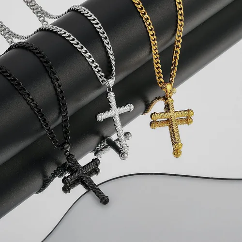 Vista 4 de LUXEJEW Cross Necklace for Men, Silver Black Gold Stainless Steel Cuban Chain Cross Pendant Necklace for Men