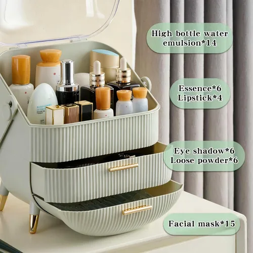 Vista 4 de Organizador de Maquillaje para Tocador, Organizadores de Cosméticos y Cuidado de la Piel con Tapa y Cajones, Estuches de Exhibición de Cosméticos
