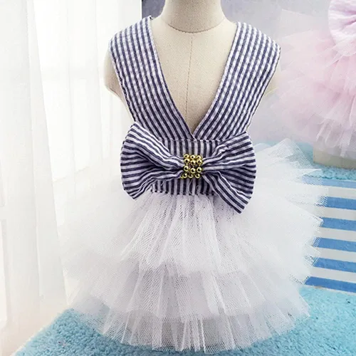 Vista 8 de Vestidos para Perros, Ropa de Mascota a la Moda, Vestidos de Princesa para Cachorros con Rayas y Malla (Azul, XS)