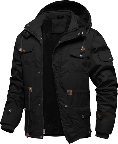 Vista 14 de Chaquetas gruesas de invierno para hombre, con forro polar, chaquetas gruesas con capucha, chaquetas de trabajo, abrigo de algodón militar