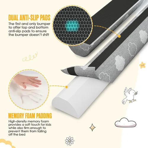 Vista 5 de Sleepah Paquete de 3 rieles de cama para niños pequeños, protector de parachoques de espuma viscoelástica con almohadillas antideslizantes dobles
