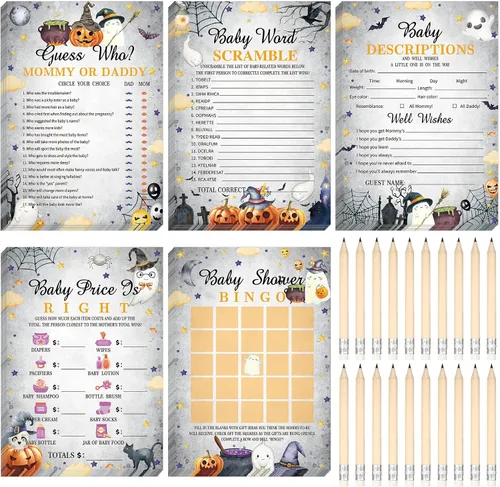 Vista 37 de Yinder 145 tarjetas de actividades para juegos de baby shower con 20 lápices, incluye descripción de bingo para bebés y deseos, adivina quién es