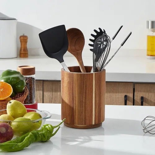 Vista 3 de Soporte para utensilios de madera de acacia para encimera de cocina, giratorio de 360° de 7.2 pulgadas, recipiente de madera para utensilios