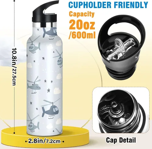 Vista 2 de Insulated Water Bottle with Straw Helicopter and Stars Cloud Silver Double Wall Vacuum Insulated Lightweight for Sport Gym Outdoor Travel School 13