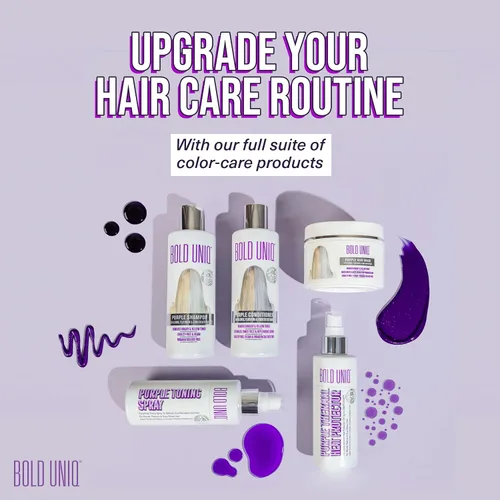 Vista 9 de Bold Uniq Mascarilla morada para el cabello rubio, platino, decolorado, plateado, gris, ceniza y cobrizo. Elimina los tonos amarillos y acondiciona