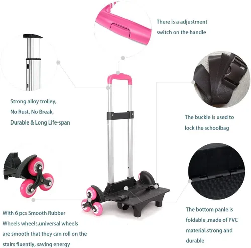 Vista 4 de Carrito de mochila Carrito plegable de aleación de aluminio con ruedas para mochila rosa 2 ruedas