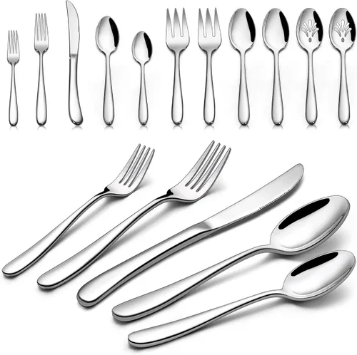 Vista 8 de LIANYU Juego de cubiertos resistentes de 26 piezas con utensilios para servir, juego de cubiertos de acero inoxidable para 4, cubiertos gruesos
