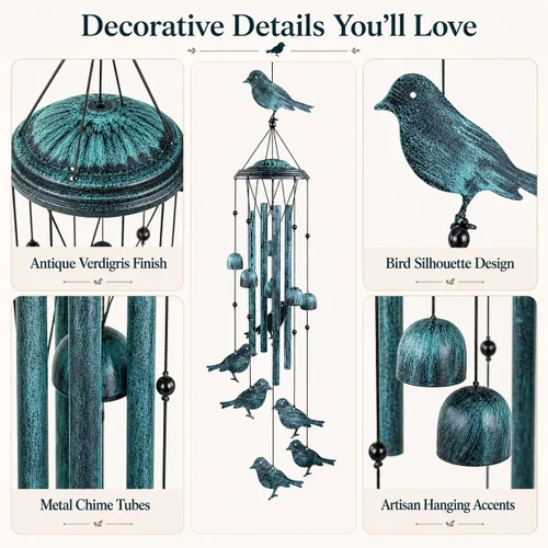 Vista 4 de Campanillas de viento de pájaros para exteriores, campanillas de viento para exteriores con 4 tubos grandes de aluminio y gancho en S - decoración