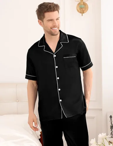 Vista 2 de SWOMOG Conjunto de pijama de satén sedoso para hombre, manga corta, ropa de dormir clásica con botones y pantalones largos