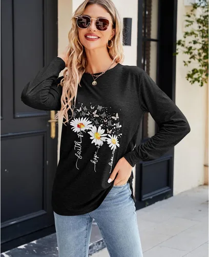Vista 4 de Camiseta casual de manga larga para mujer, divertida, con estampado de girasol, abertura lateral, ajuste holgado
