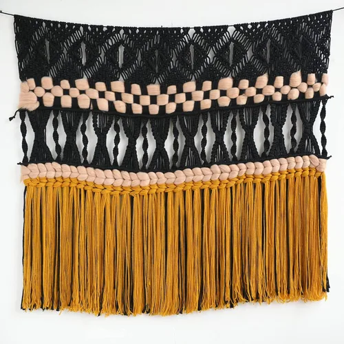 Vista 4 de IOWER Macramé para colgar en la pared, decoración de pared de macramé tejido negro, decoración de pared bohemia hecha a mano, decoración