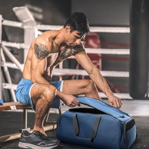 Vista 7 de MIER Bolsa de gimnasio grande para hombres con compartimento para zapatos, bolsas de lona ligeras para deportes, viajes, entrenamiento, fitness, fin