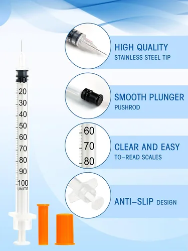 Vista 14 de Jeringas de 0.0 fl oz 29G 1/2" 0.512 in U-100 Jeringa de laboratorio desechable con tapa, paquete de 20 Calibre 29 de 1/2 pulgada, diseño a prueba