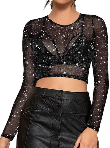 Vista 4 de MANGOPOP Blusa corta de manga corta de malla transparente para mujer