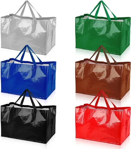 Vista 8 de Shappy 6 Piezas Bolsas de Compra Extragrandes Reutilizables con Asas, Bolsas de Comestibles Tejidas Coloridas de Plástico Impermeable