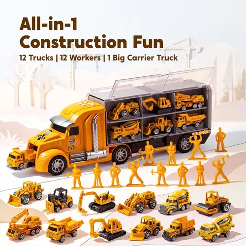 Vista 2 de JOYIN Juego de camiones de construcción 25 en 1 con 12 vehículos y 12 figuras de trabajadores, camiones de juguete Push and Go con sonido y luz