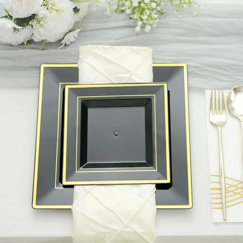 Vista 2 de Efavormart - Platos cuadrados de plástico para postre de ensalada de 7 pulgadas con borde dorado, 10