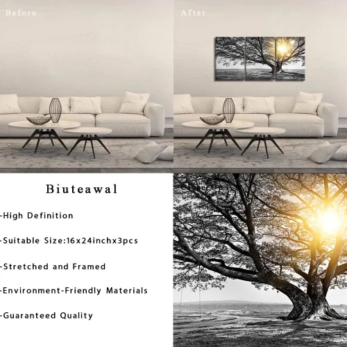 Vista 6 de Biuteawal Arte de pared de 3 piezas de árbol blanco y negro al amanecer cálido paisaje fotográfico, impresiones en lienzo de árbol de la vida