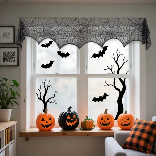Vista 3 de PIGETALE Cubierta de bufanda para chimenea de Halloween, tela de araña de encaje negro, mantel de telaraña, mantel superior, bufanda, cortina