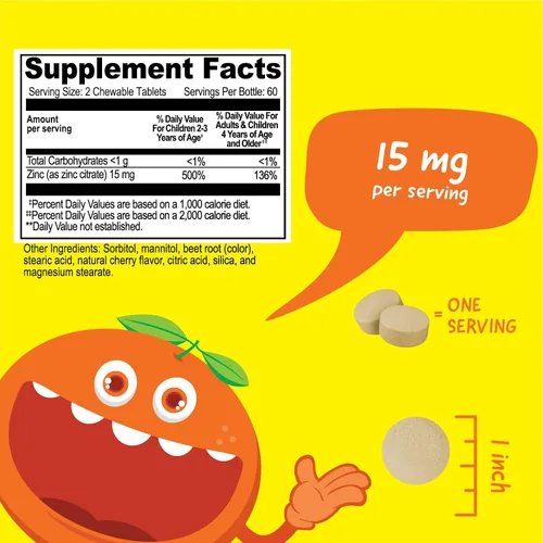 Vista 2 de VitaWorks Paquete masticable de zinc para niños de 15 mg + multivitamínico masticables