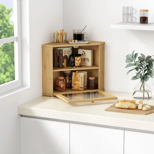 Vista 3 de Goozii Panera de Bambú de Esquina para Encimera de Cocina, Panera de Madera Redonda de 2 Niveles, Contenedor de Almacenamiento de Pan Estilo Granja