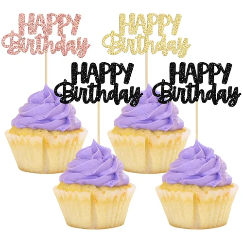 Vista 17 de Gyufise 24 piezas de decoración para pastel de cumpleaños con purpurina, adornos brillantes para pastel de cumpleaños, adornos de comida