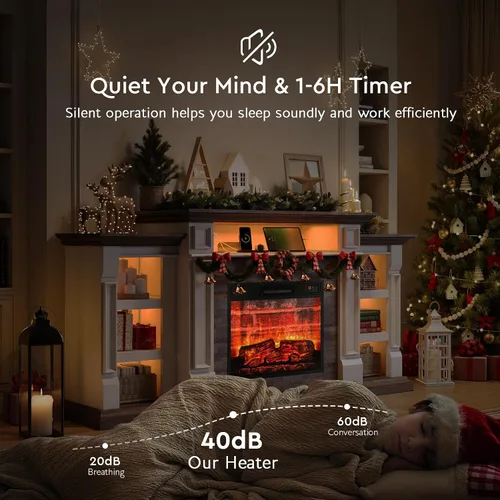 Vista 5 de Soporte de TV con chimenea de 72 pulgadas con toma de corriente y LED, chimenea eléctrica con repisa, centro de entretenimiento con almacenamiento