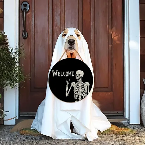 Vista 6 de Decoraciones de Halloween, corona, calavera de Halloween, letrero de bienvenida para puerta, decoración rústica de madera de vacaciones para puerta