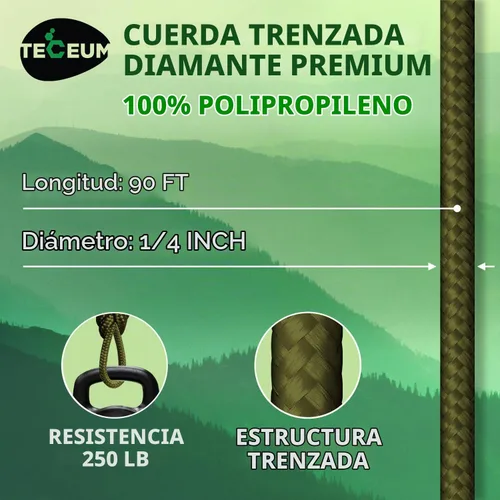 Vista 2 de TECEUM Cuerda – 90 pies x 1/4 pulgada (7mm) – Verde Ejército – Cuerda Utilitaria Versátil y Resistente – Acampada, Artesanía, Asta de Bandera