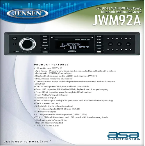 Vista 2 de Jensen JWM92A 3 zonas de altavoces Slimline Theater-Style DVD USB AUX HDMI App Ready Bluetooth Wallmount estéreo, salida de altavoz 20X 8 vatios