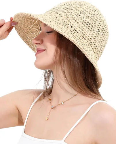 Vista 6 de Sombrero de sol para mujer, hecho a mano, cubo de paja de ganchillo para verano, plegable, gorra de viaje Beige