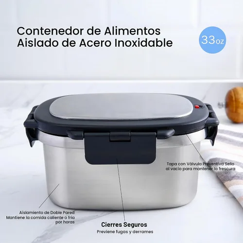 Vista 5 de Contenedor de alimentos aislado de 33 onzas, lonchera de acero inoxidable con divisor extraíble Plateado