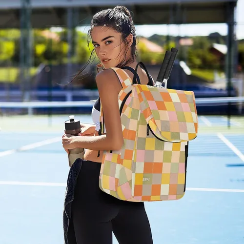 Vista 7 de Mochila de tenis para adultos, grande, resistente, a cuadros, color naranja, rojo, beige, 3 raquetas, cubierta de raqueta de bádminton para mujeres