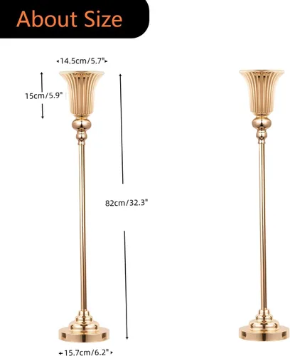 Vista 6 de Jarrones altos dorados versátiles de 32.2 pulgadas de altura para centros de mesa, jarrones de trompeta de metal para centros de mesa de bodas