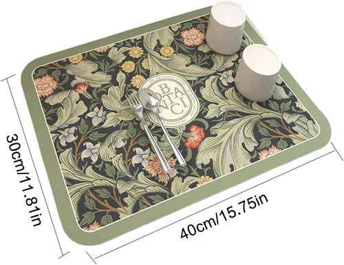 Vista 3 de Tapete de drenaje de estilo fantasía, tapete absorbente para secar platos, almohadillas de secado para encimera de cocina, platos florales vintage