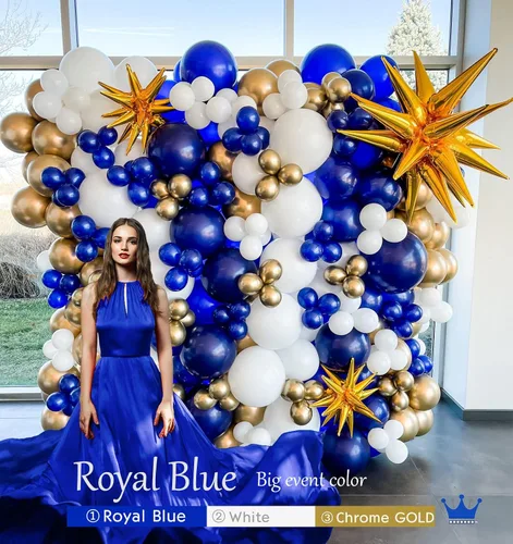 Vista 2 de Kit de arco de guirnalda de globos azul rey y dorado 156 piezas, globos azules, dorados, blancos con estrellas para boda, príncipe, baby shower