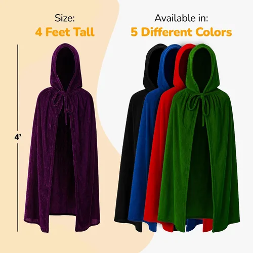 Vista 7 de ArtCreativity Capa de terciopelo con capucha para niños, 4 pies de largo, capa negra profunda con capucha y cierre de cuerda, accesorios medievales