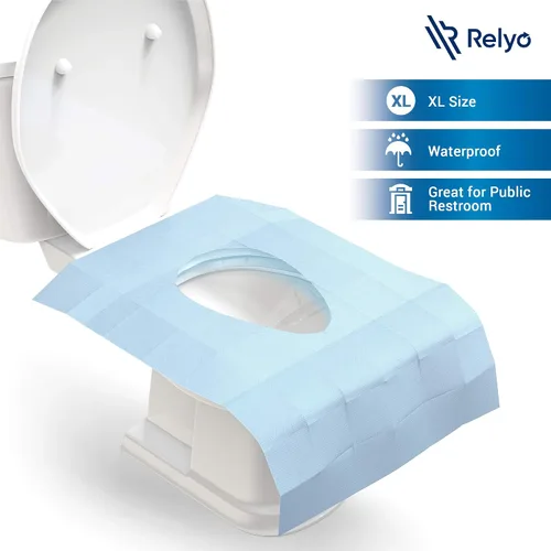 Vista 3 de Relyo Paquete de 20 fundas desechables XL para asiento de inodoro, impermeables, con pestañas adhesivas para adultos, niños y niños, viajes, baños